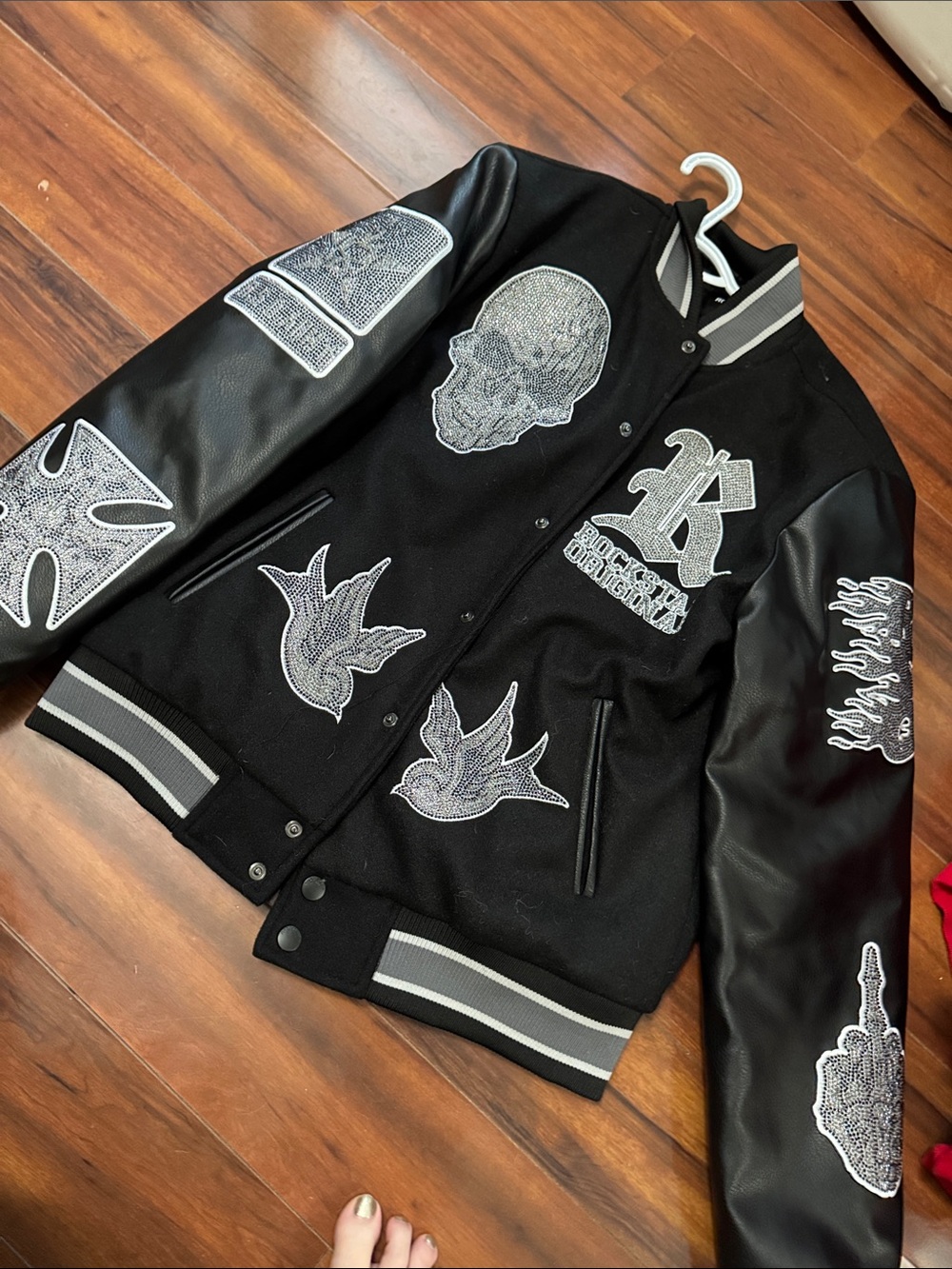 Rockstar Original Black Embroidered rhinestone Patch Varsity Jacket